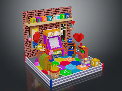 Playful Arcade Machine Setup With Brick Wall PLAYWIN Sign Prize Display Colorful Blocks And Heart Decorations 3d model