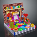 Playful Arcade Machine Setup With Brick Wall PLAYWIN Sign Prize Display Colorful Blocks And Heart Decorations