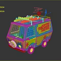 Cartoon Style Blue And Yellow Van With Surfboards On Roof And Mystery Machine Text