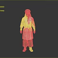 A man in green turban white robe green pants standing against gray background