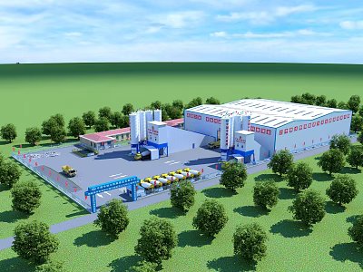 Industrial Factory White Building With Red Accents Green Trees Silos Yellow Trucks And Blue Fence 3d model