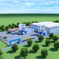 Industrial Factory White Building With Red Accents Green Trees Silos Yellow Trucks And Blue Fence