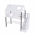 Raised White Kids Bed with House Shaped Roof Black Pillars and Stairs with Drawers