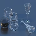 Transparent Glass Wine Glass Collection with Dark Liquid and Fallen Goblet on Blue Background