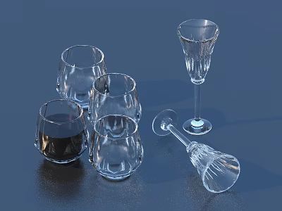Transparent Glass Wine Glass Collection with Dark Liquid and Fallen Goblet on Blue Background 3d model