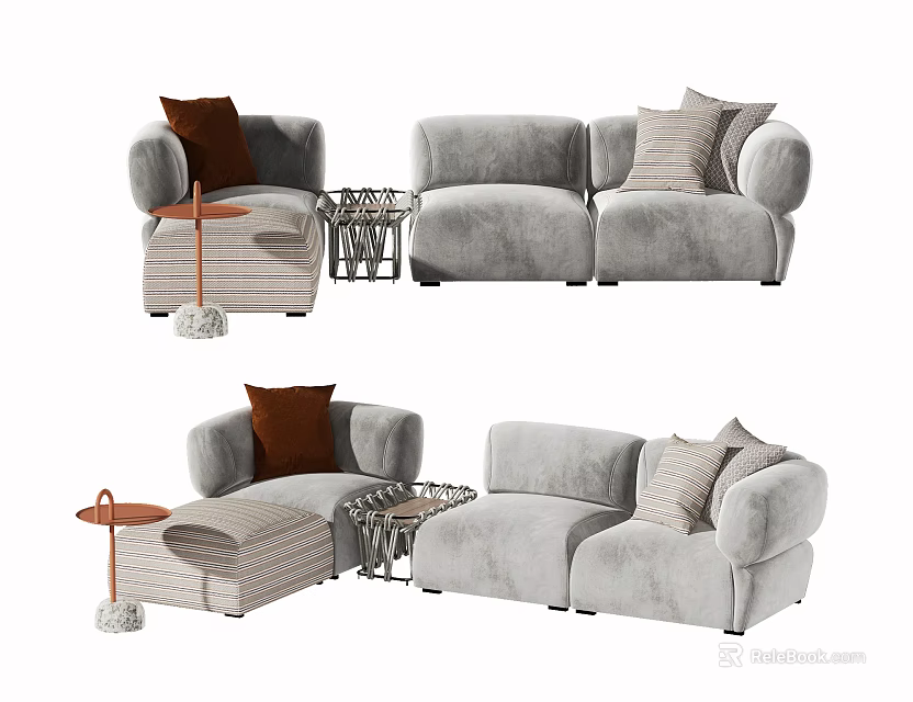 Modern Light Gray Sectional Sofa with Accent Chair Throw Pillows and Coffee Table 3d model