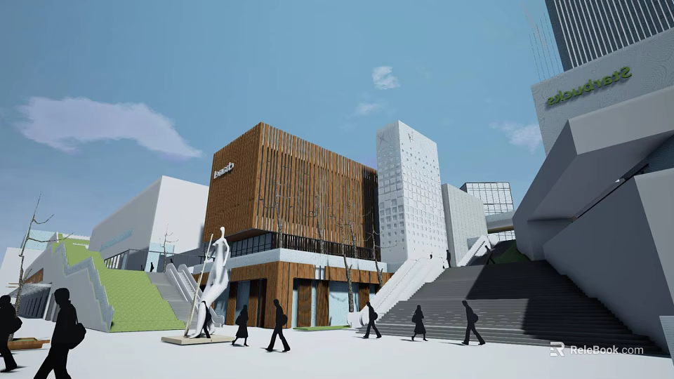 Bustling Commercial Street With Pedestrians Modern Buildings And Shopping Areas 3d model 