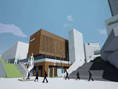 Bustling Commercial Street With Pedestrians Modern Buildings And Shopping Areas 3d model