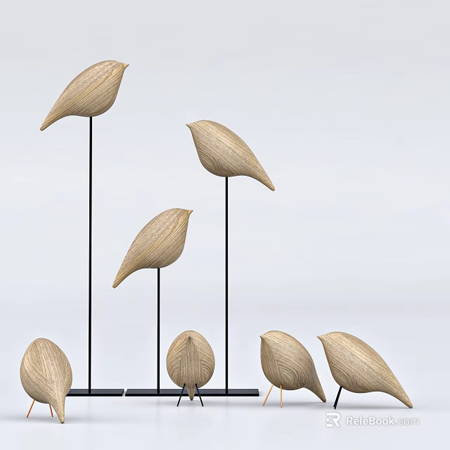 Wooden Bird Decorative Ornament Set with Black Stands for Modern Home Interior Decoration 3d model 