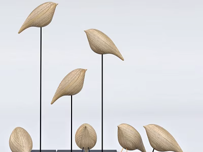 Wooden Bird Decorative Ornament Set with Black Stands for Modern Home Interior Decoration 3d model