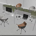 Modern Office Desk With Green Plants Different Colored Chairs Laptops And Workspace Setup