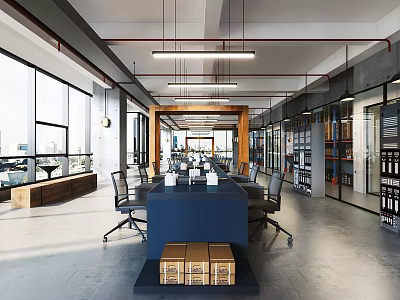 Modern Office Interior With Blue Desk Hanging Lights Large Windows And Bookshelves 3d model