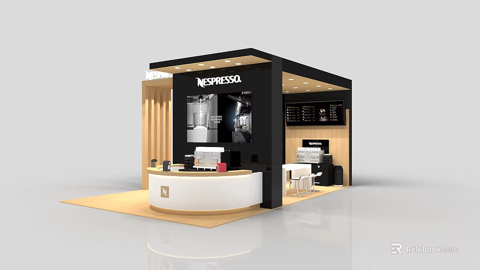NESPRESSO Exhibition Booth Design With White Reception Counter And Wooden Panels 3d model 