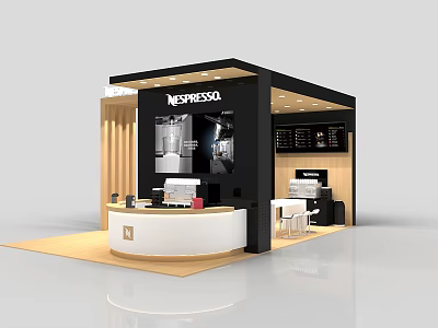 NESPRESSO Exhibition Booth Design With White Reception Counter And Wooden Panels 3d model