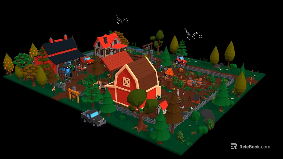 Cartoon Farm Scene With Red Houses Barn Tractor Car And Green Trees 3d model 