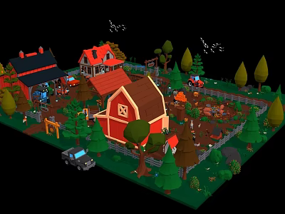 Cartoon Farm Scene With Red Houses Barn Tractor Car And Green Trees 3d model