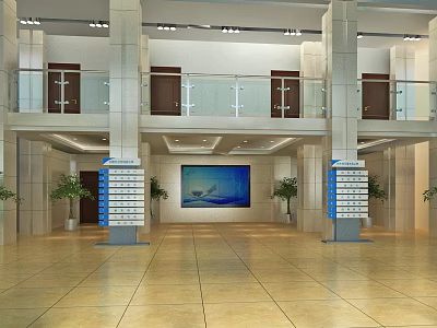 Bright Modern Lobby Reception Desk With Large Screen Green Plants And Tiled Floor 3d model
