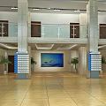 Bright Modern Lobby Reception Desk With Large Screen Green Plants And Tiled Floor