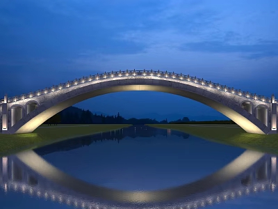 Illuminated Arch Landscape Bridge At Night With Water Reflection And Greenery 3d model