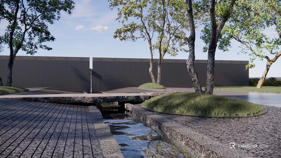 Serene Feature Wall In Garden With Trees Stone Path Stream And Grass Area 3d model 