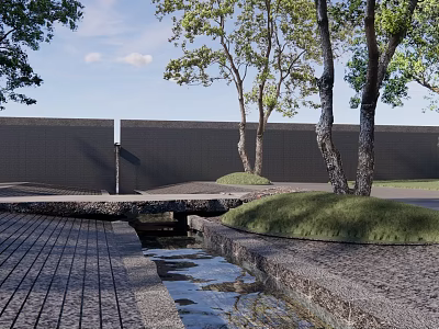 Serene Feature Wall In Garden With Trees Stone Path Stream And Grass Area 3d model