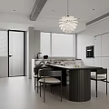 Modern Restaurant Dining Area With Open Layout White Cabinets Island Table Chairs And Chandelier