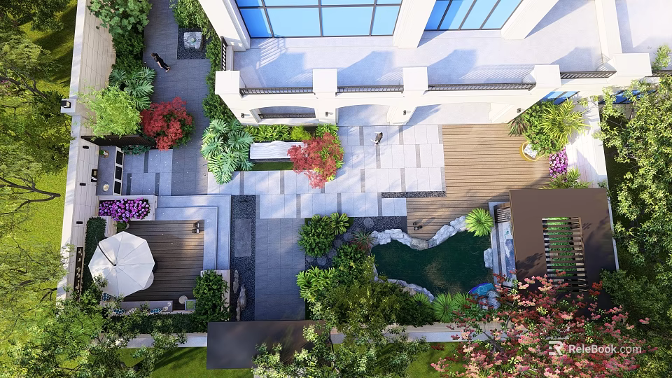 Rockery Stones as Centerpiece in Landscaped Garden with Lush Greenery and Pathways 3d model 