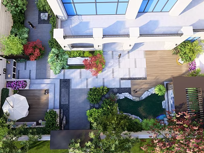 Rockery Stones as Centerpiece in Landscaped Garden with Lush Greenery and Pathways 3d model