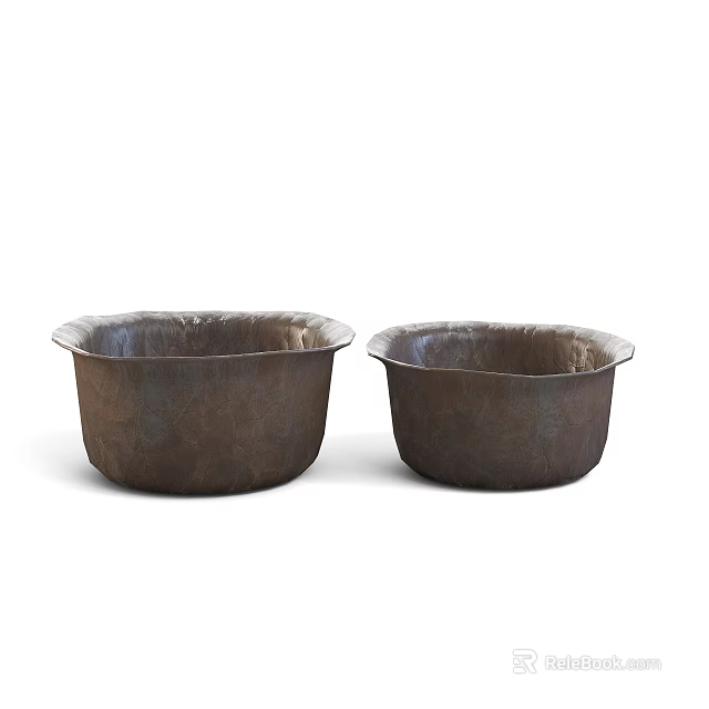 Vintage Metal Dinnerware Set With Two Handcrafted Round Rustic Brown Bowls 3d model 