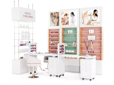 Modern Beauty Product Showcase Table And Chair Set With White Shelves And Storage 3d model