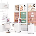 Modern Beauty Product Showcase Table And Chair Set With White Shelves And Storage