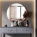 Stylish Gray Dressing Table With Round Mirror Wall Lamps And Decorative Stool 3d model