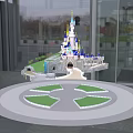 Cartoon Castle Scenery With Blue Spires Pink Towers Green Grass Waterfall And Pathway