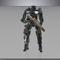 Green And Blue Armored Mech Robot Character Holding Long Rifle Standing Pose