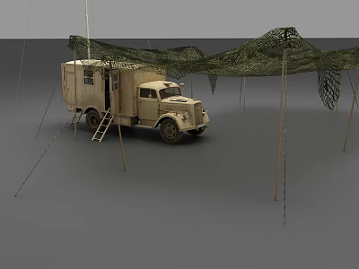 Military Green Utility Truck With Ladder And Field Tent Under Net Cover 3d model