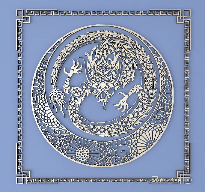 Exquisite Circular Carving Featuring Dragon Motif And Floral Patterns On Blue Background 3d model 