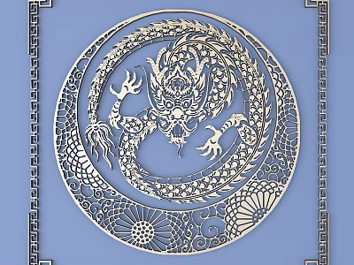 Exquisite Circular Carving Featuring Dragon Motif And Floral Patterns On Blue Background 3d model