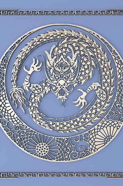 Exquisite Circular Carving Featuring Dragon Motif And Floral Patterns On Blue Background 3d model
