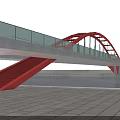 Modern Landscape Bridge With Red Arch Structure Spanning Water And Riverbank Pavement
