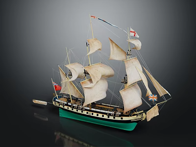 Detailed Model Sailing Ship With White Sails Green Hull And Decorative Flags 3d model