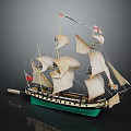 Detailed Model Sailing Ship With White Sails Green Hull And Decorative Flags