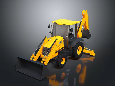 Yellow Backhoe Loader Construction Equipment Model With Front Bucket And Rear Arm 3d model