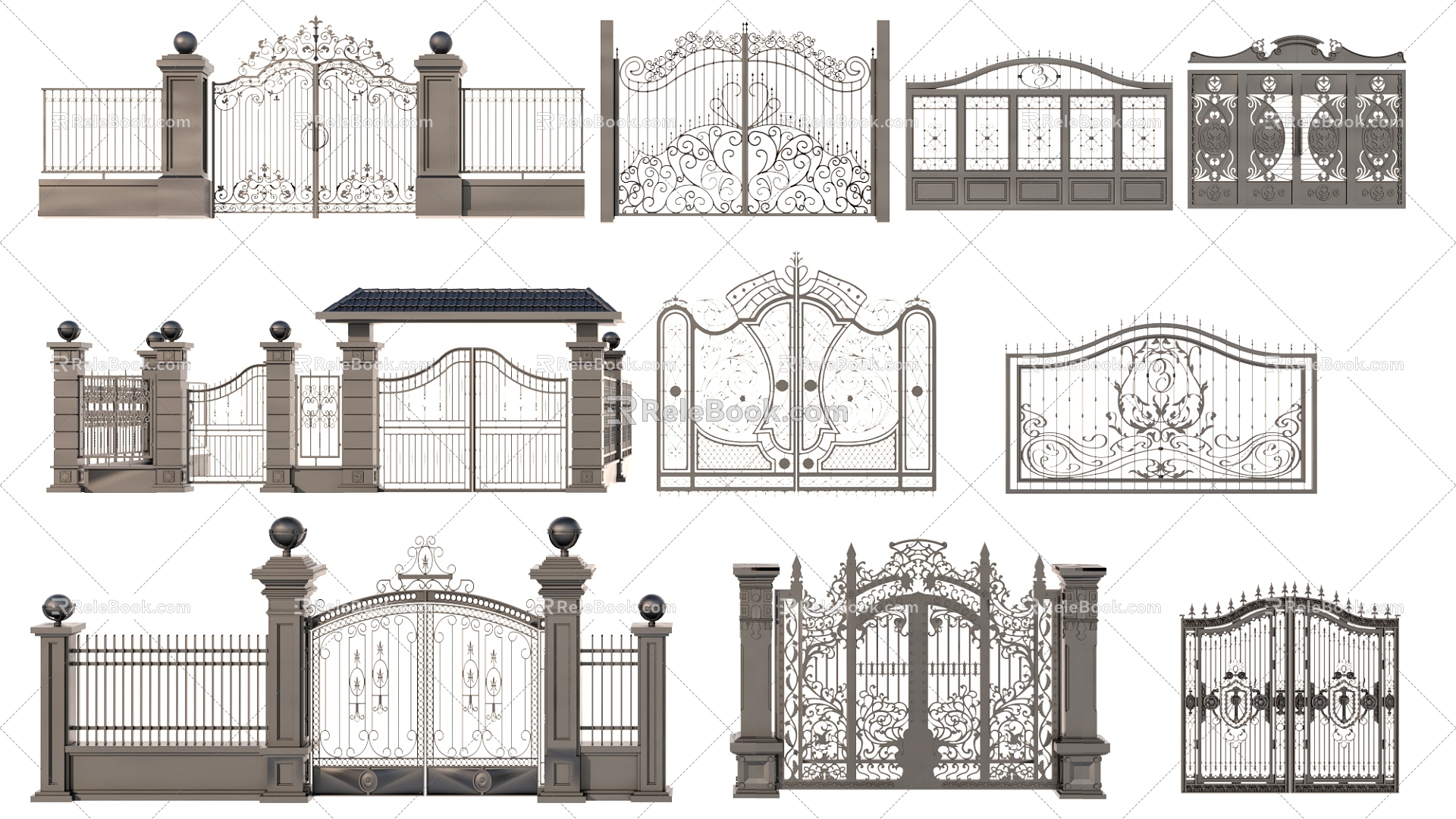 courtyard wall gate building components wrought iron gate 3d model