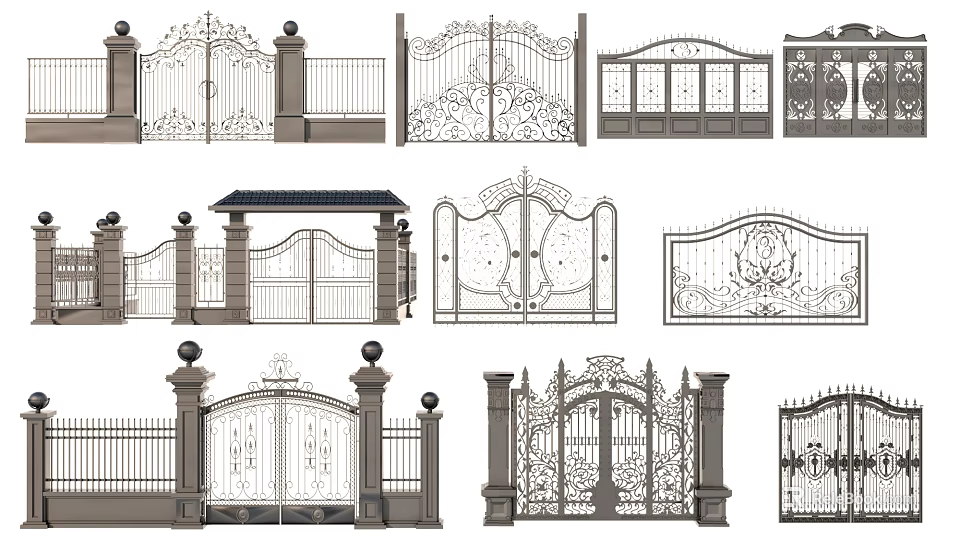 Various Ornate Iron Entry Gates With Carved Designs And Decorative Structures 3d model 