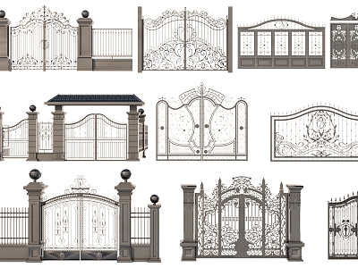 courtyard wall gate building components wrought iron gate 3d model