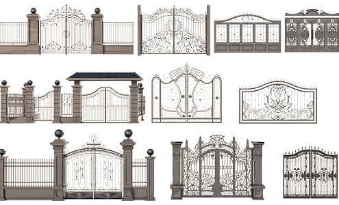 courtyard wall gate building components wrought iron gate 3d model