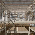 Interior Construction Framework With Wooden Scaffolding Concrete Walls And Wooden Floor
