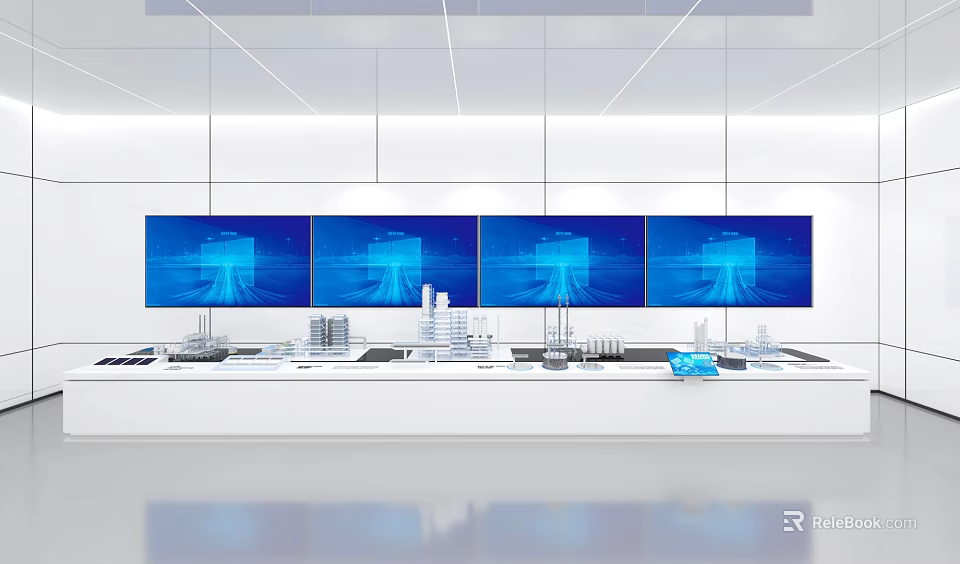 Modern Control Room With Four Blue Screens And Models On Console 3d model