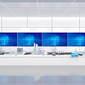 Modern Control Room With Four Blue Screens And Models On Console 3d model