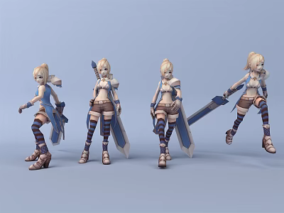 Game Anime Blonde Female Character With Multiple Poses Blue White Outfit And Sword 3d model